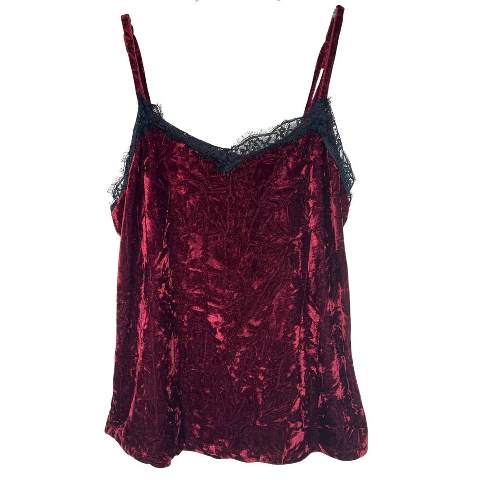 Rue21 crushed velvet stretchy camisole top, maroon with black lace, size L, EUC